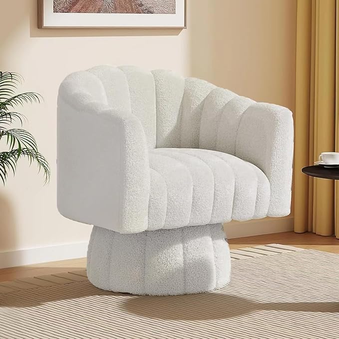 360 Degree Sherpa Swivel Cuddle Barrel Accent Sofa Chairs Round Teddy Armchairs with Wide Upholstered Furry Boucle Reading Chair for Living Room Bedroom Office Waiting Rooms (White)