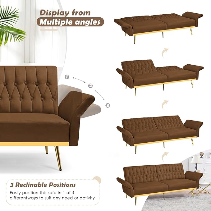 70 Velvet Futon with Adjustable Backrest and Armrests Sofa Bed with Extra Pillows for Waiting Room Living Room and Office Brown