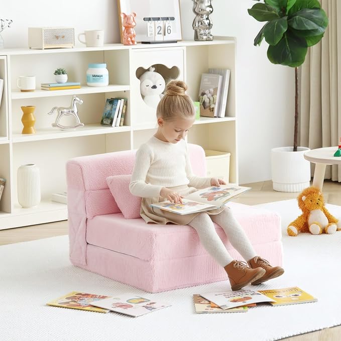 Tiita Convertible Folding Kids Sofa Bed with Pillow &amp Storage Bag Plush Fabric Floor Mattress Couch Bed Washable Cover Kids Room Playroom Dorm Apartment Pink