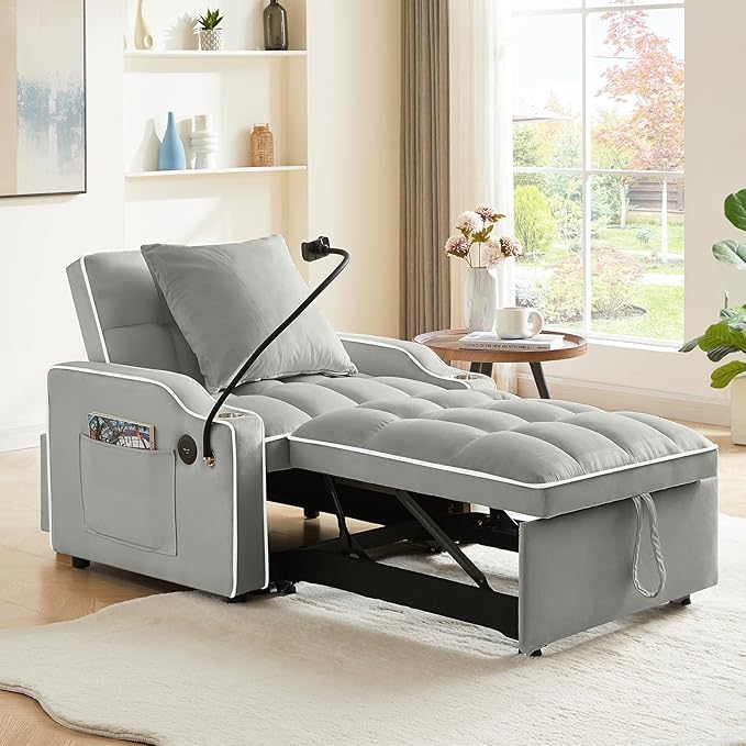 3-in-1 Convertible Futon Sofa Bed Chair Velvet Tufted Upholstered Pull Out Sleeper Chair with Adjustable Backrest &amp Swivel Phone Holder &amp USB Ports Modern Lounge Armchair for Living Room(Gre