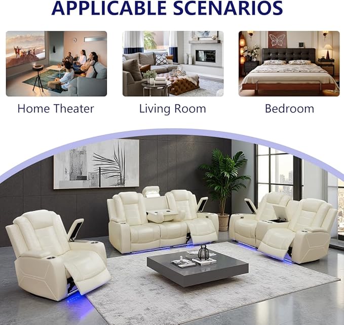 Power Theater Recliner Chair Cream White Leather Reclining Sofa Couch Chair Modern Comfy Recliner with Arm Storage/Cup Holder/USB Port for Living Room Furniture Office Home Theater