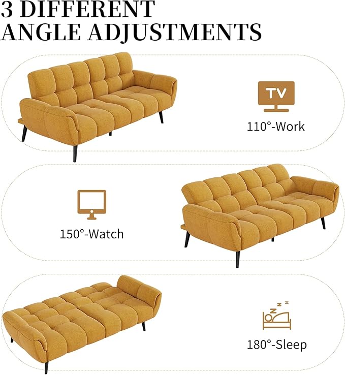 Futon Sofa Bed Convertible 77 Modern Linen Futon Couch Comfy Sleeper Sofa with Adjustable Backrests Couch Bed for Small Spaces Living Room Bedroom Apartment Golden Yellow