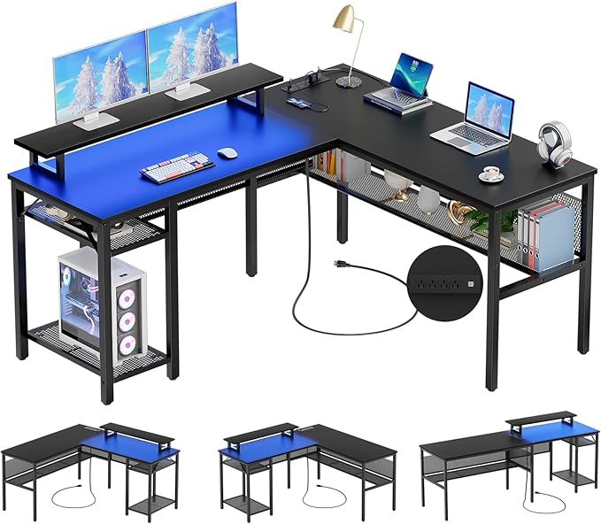 Unikito L Shaped Desk Reversible Corner Computer Desk with Magic Power Outlets and Smart LED Light Unique Grid Design 55 Inch Office Desk with Monitor Stand and Storage Shelf Black