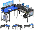 Unikito L Shaped Desk Reversible Corner Computer Desk with Magic Power Outlets and Smart LED Light Unique Grid Design 55 Inch Office Desk with Monitor Stand and Storage Shelf Black