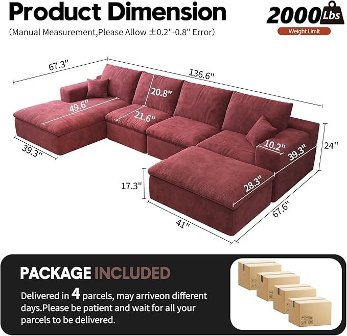 136.6'' U-Shaped Modern Modular Sectional Cloud Couch Whit Ottoman 4-Seat Chenille Deep-Seat Sofa with Pillow for Living Room Bedroom Apartment Wine Red