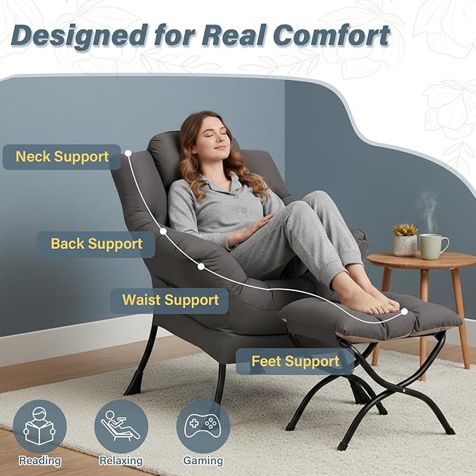 Lazy Chair with Ottoman Large Dark Grey Accent Chair with a Side Pocket Modern Leisure Upholstered Sofa Reading Armchair with Footrest for Office Bedroom Living Room Dorm Rooms Balcony
