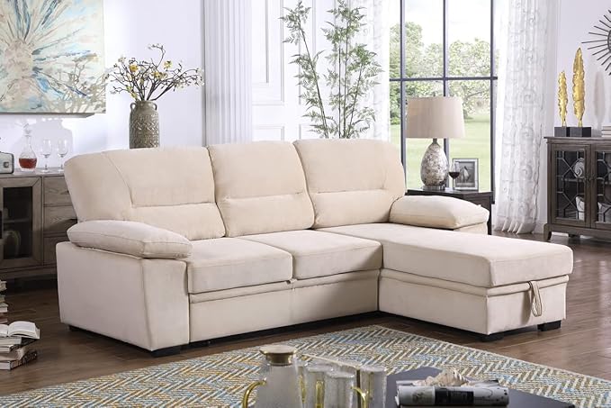Lilola Home Kipling Beige Velvet Fabric Reversible Sleeper Sectional Sofa Chaise