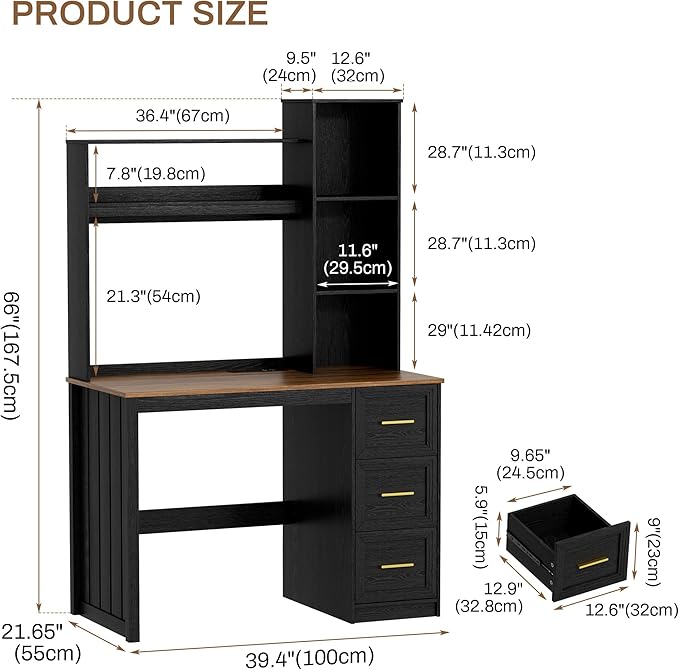 LVSOMT 40” Home Office Desk with Hutch and Drawers Computer Desk with Power Outlets and LED Light Study Writing Gaming Table with Storage Shelves Workstation for Bedroom Black