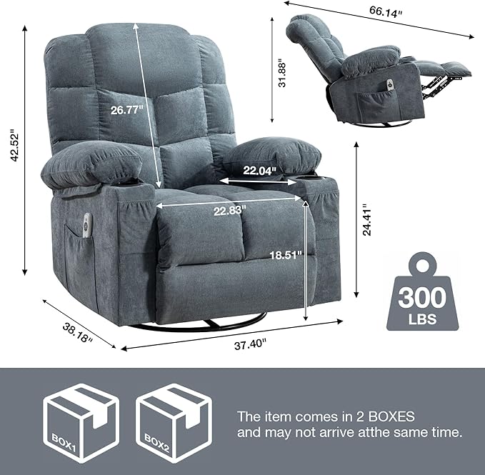 360 Swivel Massage Boy Recliner Chair with 2 Cup Holders Heated &amp Massage Function Adjustable Backrest USB Port &amp 2 Side Pockets for Adults (Blue)
