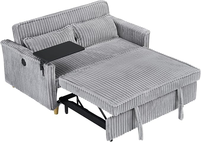 LUMISOL 3 in 1 Convertible Sleeper Sofa Bed 54 Loveseat Sofa with Pull Out Bed Corduroy Loveseat Futon Couch Bed with Side Table &amp USB Ports for Living Room Apartment Gray