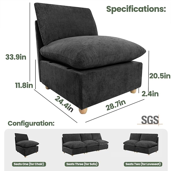 Brelice Armless Accent Chair Deep Seat Ergonomic Chenille Fabric Single Sofa Chair for Living Room High Resiliency Breathable Easy Clean Modern Armless Chair with Solid Wood Legs
