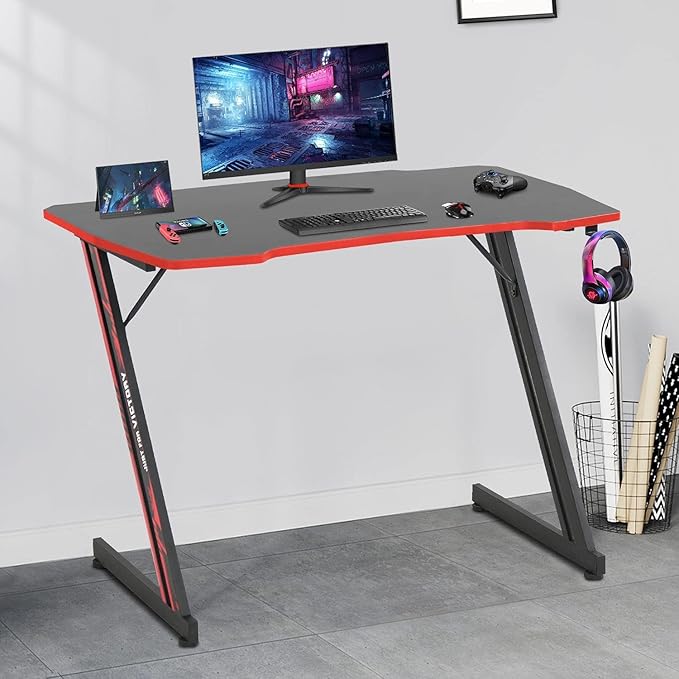 47 Inch Gaming Desk Wood Gaming Table Modern Z-Shaped Computer Desk for Home Office with Headphone Hook - Sturdy Gamer Workstation Table with Carbon Fibre Desktop Red