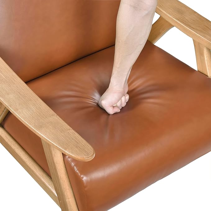 Lexicon Mid Century Modern Accent Chair with Solid Wood Frame in Natural Finish Faux Leather Living Room Lounge Arm Chair Thick and Comfy Innerspring Seat Cushion Brown