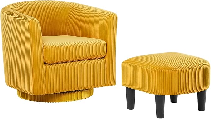 Corduroy Swivel Accent Chair with Ottoman Round Barrel Chair with Armrest Comfy Reading Chair for Living Room Bedroom Office (Yellow)