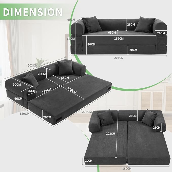 4-in-1 Folding Convertible Sofa Bed 80 Inch Oversized Corduroy Boneless Couch Loveseat Sleeper with Pull Out Bed Floor Sofa Modular Futon Teddy Sofa for Living Room Bedroom Lounge Deep Gray