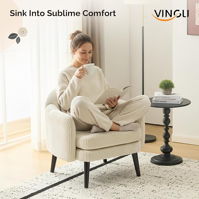 VINGLI 30.3 Wide Modern Barrel Accent Armchair with Track Armrest Solid Wooden Legs Comfy Upholstered Club Chair Round Single Home Sofa for Living Room Bedroom Reading Room Corduroy Beige