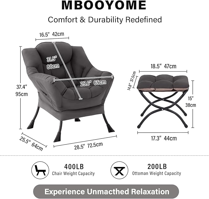 Lazy Chair with Ottoman Modern Accent Lounge Armchair with Armrests and a Side Pocket &amp Foldable Footstool Leisure Reading Chair for Living Room Bedroom Dorm &amp Office Dark Grey