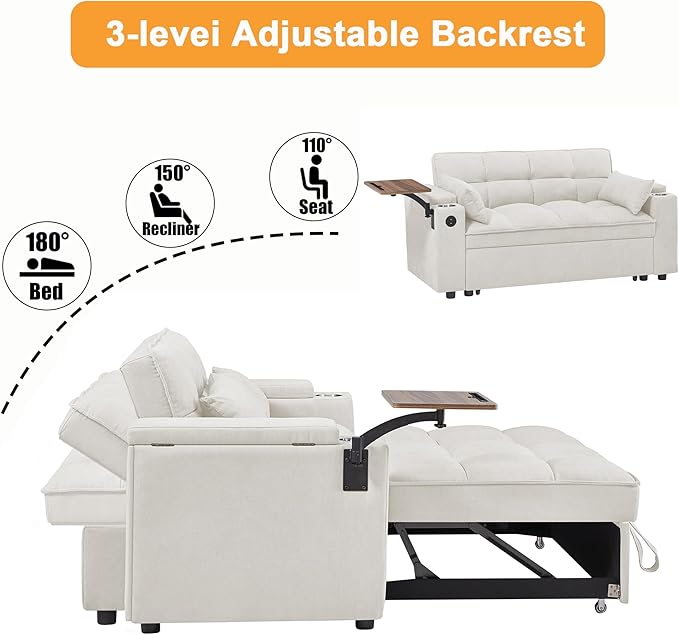 65'' Convertible Sleeper Sofa Bed with Adjustable Backrest Chaise Lounge Side Table &amp USB/Type-C Ports – Stylish &amp Functional Addition to Any Living Room (White)