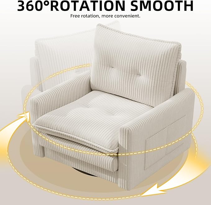 Cozy Swivel Accent Chair Modern Oversized Single Sofa with Armrest Comfy Upholstered Armchair Sofa Large Corduroy Accent Chair for Living Room Bedroom Reading Room Cream Beige