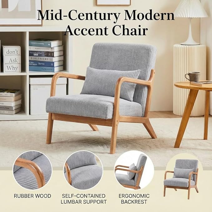 Corduroy Upholstered Mid Century Modern Accent Chair with Wide Armrests and Pillow Comfy Reading Armchair for Living Room Bedroom Guest Room (Light Grey+Light Oak Finish Frame)