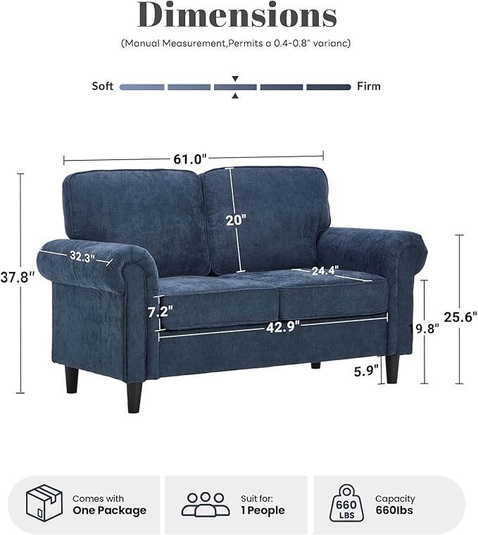 Kingfun Loveseat 2 Seater Couch Mid Century Modern Chenille Sofa with Rolled Arms and Deep Seats Fluffy Comfort for Living Room Apartment Easy Assembly Blue