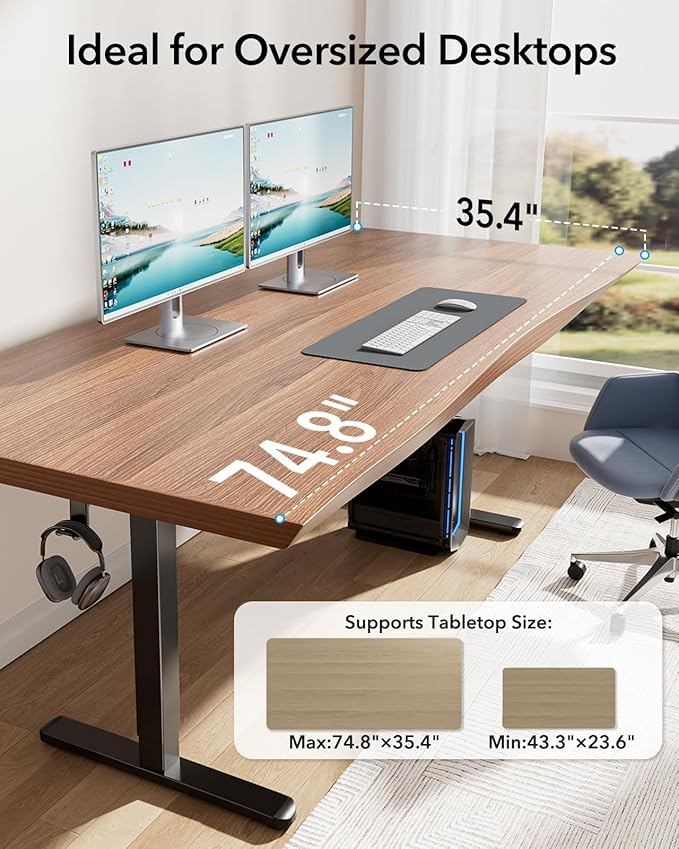 HUANUO Standing Desk Frame with 220lbs Powerful Brushless Motor Thick T-Shaped Adjustable Desk Legs Made of Automotive-Grade Steel for Max 75″ x 35″ Desktop for Home Office Black Frame Only