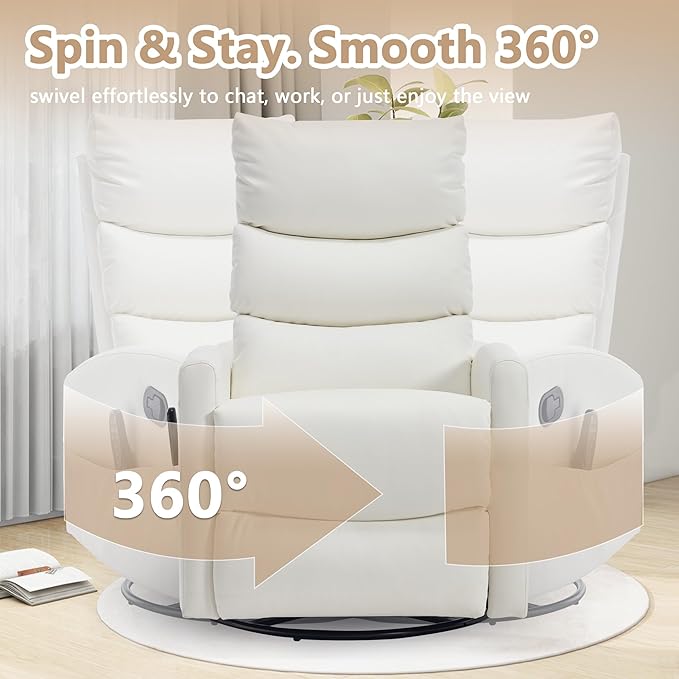 cinkehome Swivel Rocker Recliner Chair Upholstered Nursery Glider Recliner Chair with Heated Massage High Back Side Pocket (White PU Leather)