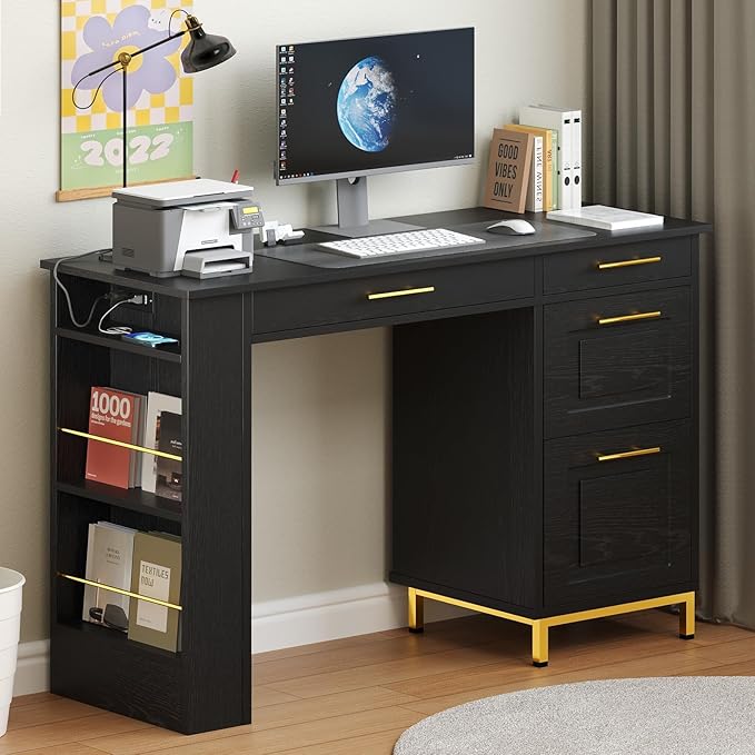 4 EVER WINNER Black Desk with Drawers and Power Outlet 48 Inch Computer Desk with Storage Shelves Writing Desk Study Table with Golden Handle for Small Space Black