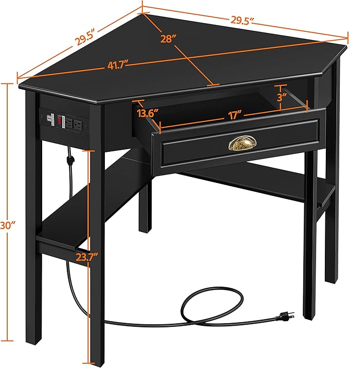 Yaheetech L Shaped Computer Desk Corner Table with Charging Station Outlets for Small Space 90 Degree Triangle Desk Home Office Table with Drawer and Storage Shelf for Workstation Living Room Black