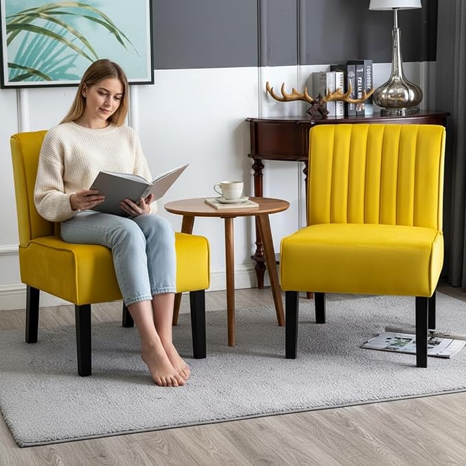 Reese Mid Century Modern Accent Chairs Set of 2 with Minimalist Design Elegant Velvet Upholstery and Solid Wood Legs Ideal for Living Room or Bedroom Yellow