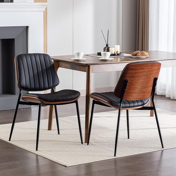 Dining Chairs Set of 2 Mid Century Modern Retro Faux Leather Chair with Walnut Bentwood Back Upholstered Seat Metal Legs Adjustable Foot for Kitchen Dining Room Chairs (Black)