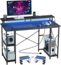 VEVOR 47 Gaming Desk with LED Lights &amp Power Outlets Computer Desk with Monitor Stand &amp 2-Tier Storage Sheves Study Work for Home Office Black