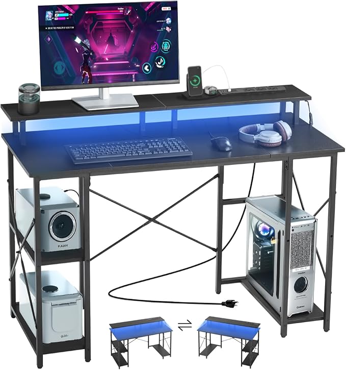 VEVOR 47 Gaming Desk with LED Lights &amp Power Outlets Computer Desk with Monitor Stand &amp 2-Tier Storage Sheves Study Work for Home Office Black