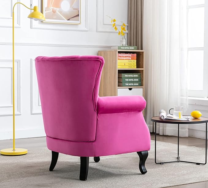 Mid Century Modern Accent Chair Upholstered Armchair Comfy Velvet Fabric Single Sofa with Lined Wingback for Small Spaces Bedroom Living Room Velvet Hot Pink