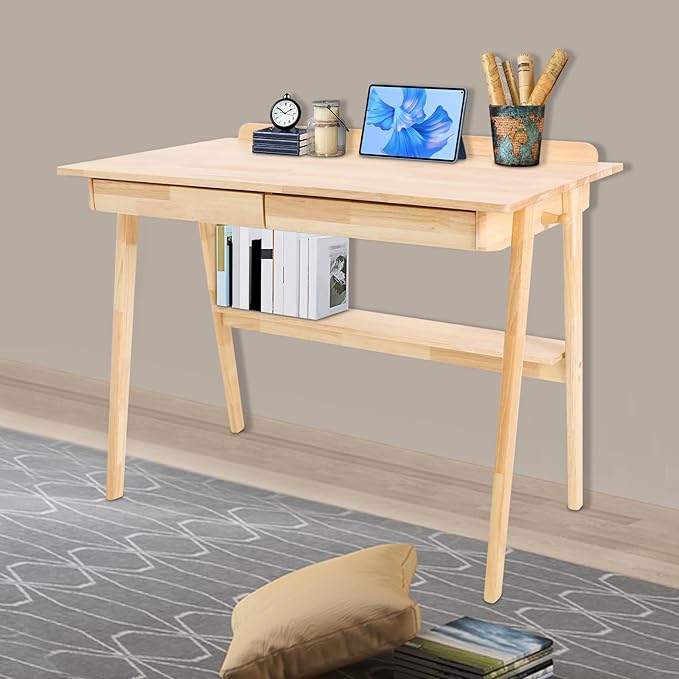 Eapmic Solid Wood Writing Desk Computer Table Study Desk with Drawers Small Space Home Office Workstation Freestanding Wooden Study Table for Bedroom Apartment Dorm Minimalist Design (BurlywoodB)