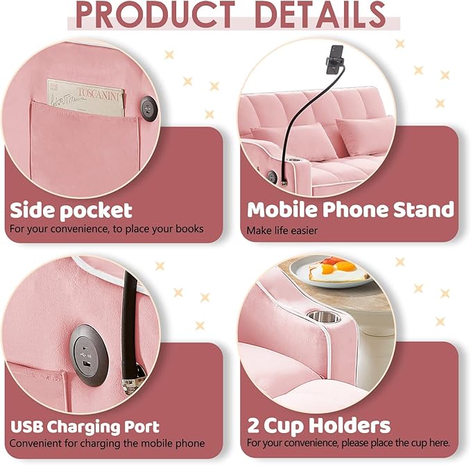 3 in 1 Convertible Sofa Bed Velvet Pull Out Couch Bed w/ Adjustable Back Love Seat Sleeper Beds w/ USB Ports &amp Cup Holders Phone Stand Full Size Futon Couch for Living Room Small Spaces (Pink)