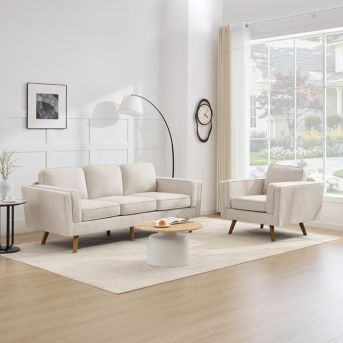 Kingfun Living Room Furniture Sets 3 Seater Couch and Armchair Mid Century Modern Sofa Set Chenille Couch with Solid Wood Frame for Living Room &amp Bedroom Khaki