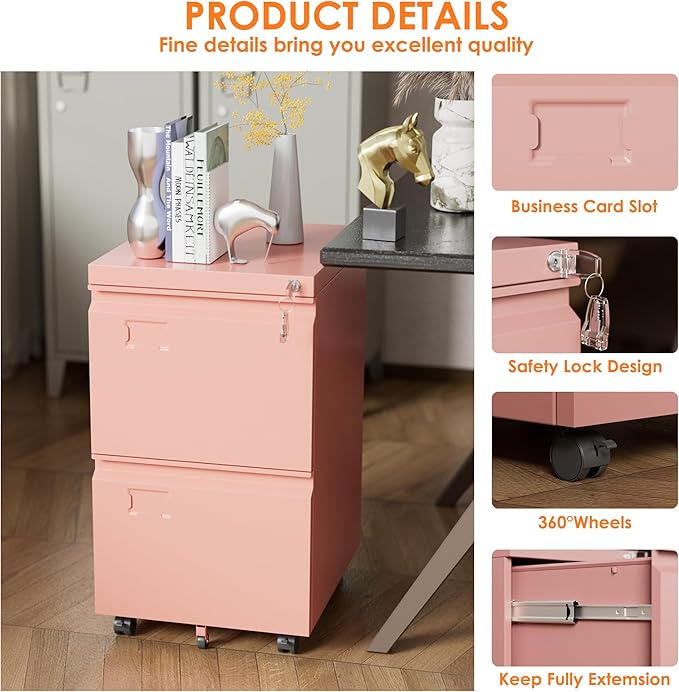 SUXXAN 2 Drawer Mobile File Cabinet with Lock Under Desk Metal Filing Cabinet for Office HomeVertical Cabinet Legal/Letter Size Need to Assembled (Pink)