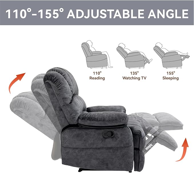 Large Manual Recliner Chair for Living Room Oversized Fabric Reclining Chair with Pillow Top Arms Cushion Back and Smooth Lever Control Heavy-Duty Metal Frame (Gray)