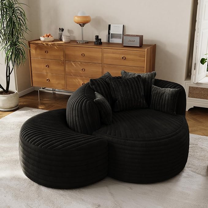 50 Oversized Chaise Lounge Indoor Round Reading Chair Lounge Chair with Ottoman Boneless Sofa Bed Large Fluffy Plush Corduroy Chaise Chair for Living Room Playroom Bedroom Black