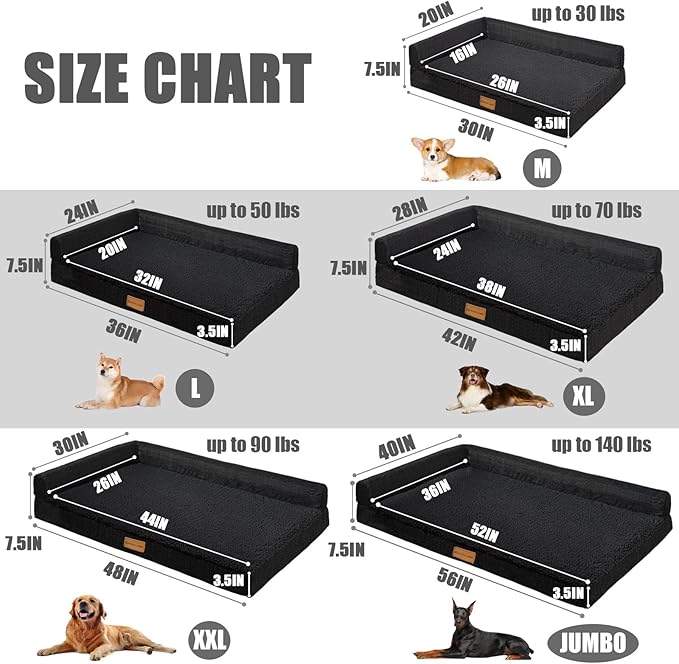 Patas Lague Orthopedic Dog Bed Large Sized Dog 36''X24'' Waterproof L Bolster Medium Pet Sofa Beds with Removable Washable Cover Soft Comfortable Pet Couch Crate Mat with Nonskid Bottom Black