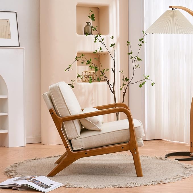 Karl home Accent Chairs Set of 2 Mid-Century Modern Chair with Pillow Upholstered Lounge Arm Chair with Solid Wood Frame &amp Soft Cushion for Living Room Bedroom Balcony Beige