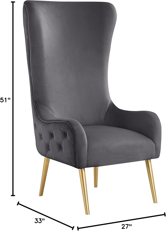 Meridian Furniture 536Grey Alexander Collection Modern | Contemporary Velvet Upholstered Accent Chair with Sturdy Gold Metal Legs and Deep Button Tufting on Back 27 W x 33 D x 51 H