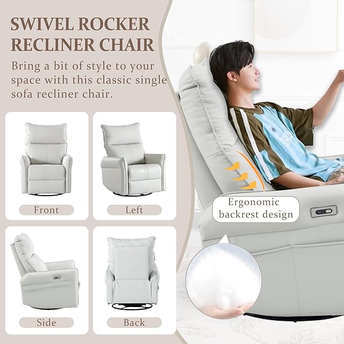 Power Swivel Rocker Recliner Chair for Nursery Upholstered 270° Swivel Glider Rocker Chair with USB Ports Small Power Recliners for Small Spaces Living Room (Light Grey)