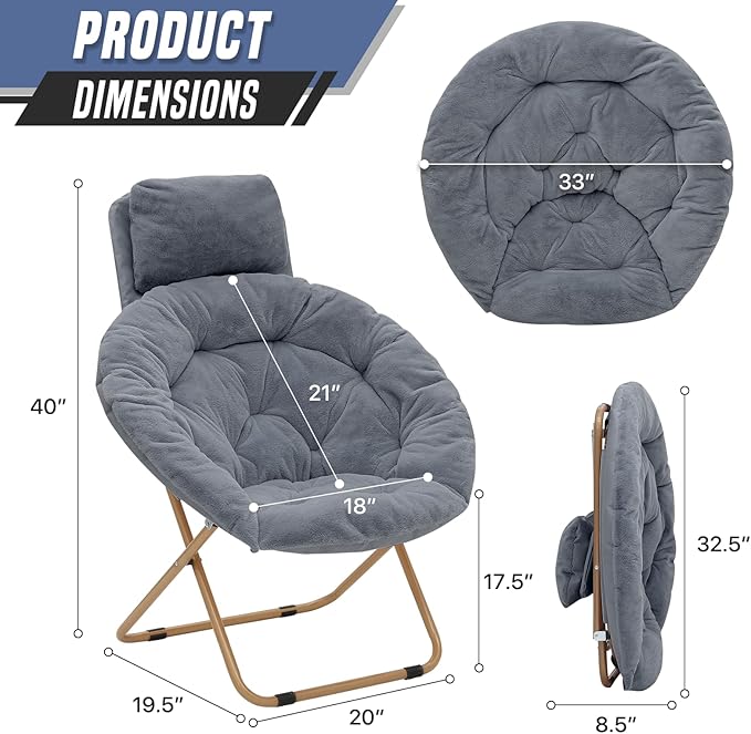 Round Comfy Saucer Chair with Headrest Large Cozy Metal Frame Cozy Lounge Lazy Chair Folding Faux Fur Saucer Chair for Adults Foldable Papasan Moon Chair