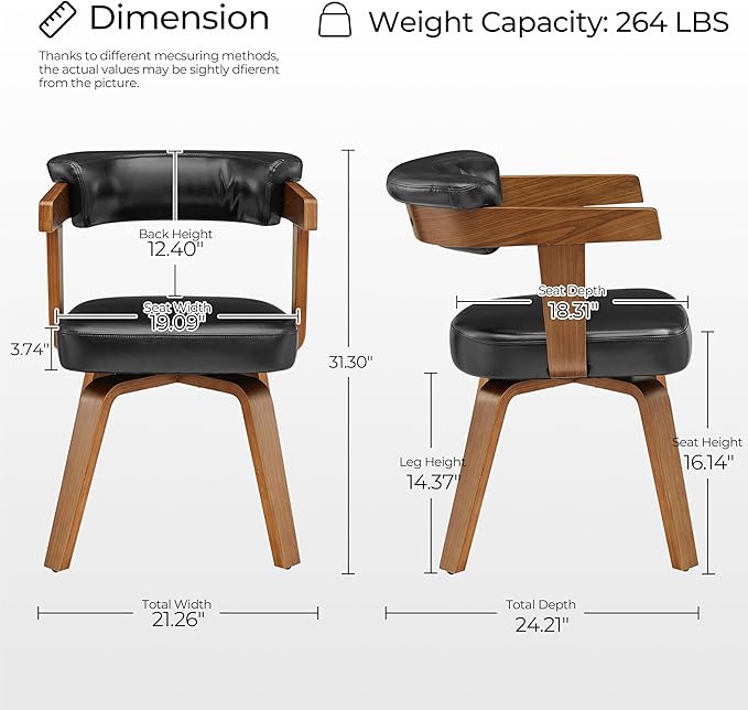 Art Leon Home Office Desk Chair - Mid Century Modern Chair Faux Leather Office Chair No Wheels Comfy Accent Arm Chair with Wood Legs for Small Spaces Living Room Bedroom Study Black/Walnut
