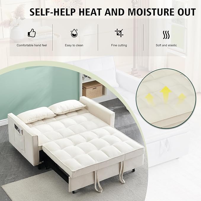 3 In 1 Velvet Convertible Sofa Bed Pull Out Couch Bed with Reclining Backrest And 2 Pillows 54 Full Size Loveseat Sleeper Sofa Futon Couch Bed Couches For Small Spaces Living Room (White)