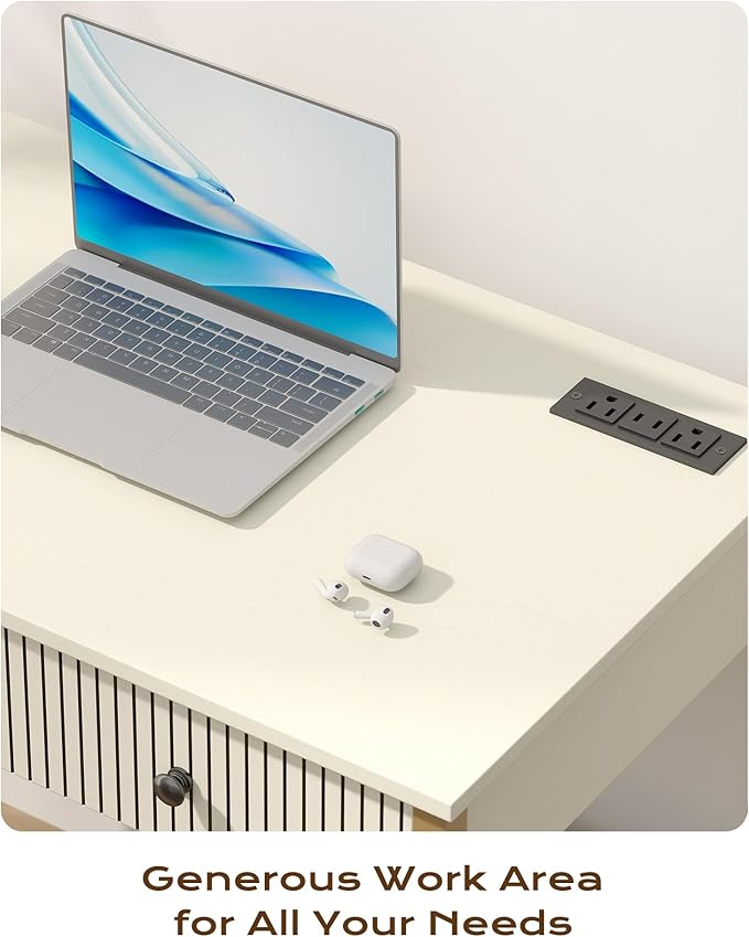 Manora 31.5” Computer Desk with Power Outlets and USB Ports Modern Writing Desk with Fluted Drawer Front Small Study Table with Storage Drawers for Home Office Bedroom Vanity Use White and Gold