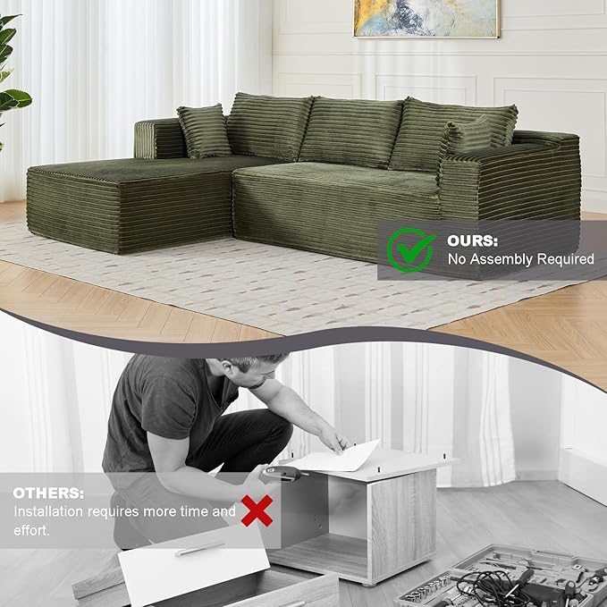 110” Cloud Sectional Couch with ChaiseOversized Modular Sofa with Deep Seat and Boneless DesignVacuum Compression Packed Corduroy Couch for Living Room BedroomNo Assembly RequiredGreen
