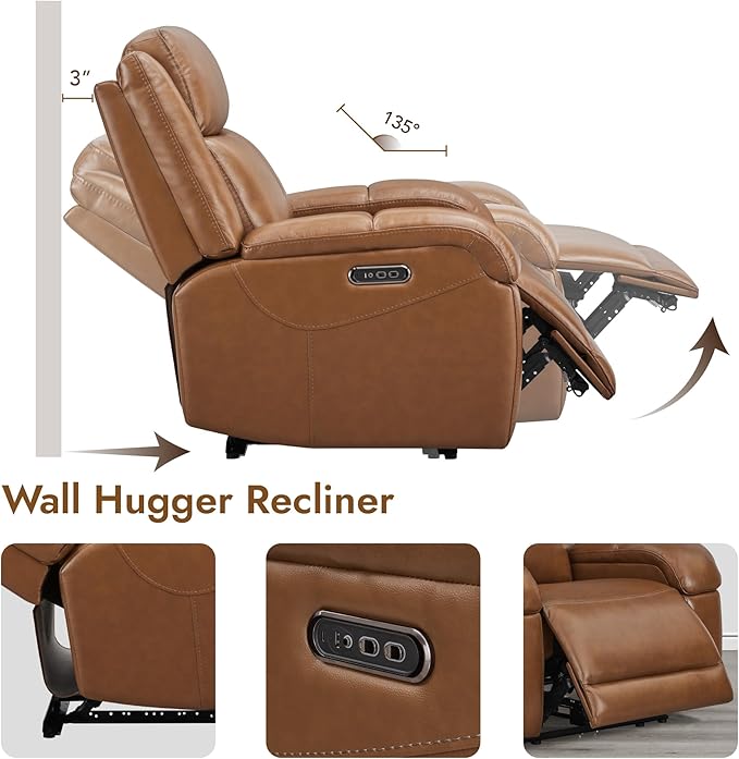 Watson &amp Whitely Genuine Leather Power Recliner Chairs for Adults Wall Hugger RV Recliner with Power Headrest &amp Charging Ports Electric Recliner Sofa Chair for Living Room Saddle Brown